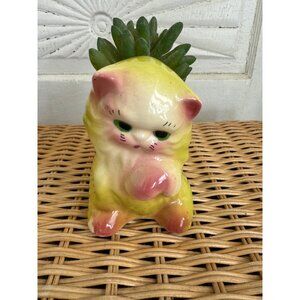 Vintage 50's Yellow  Ceramic Cat Kitten Planter Pot Vase Kitsch Retro